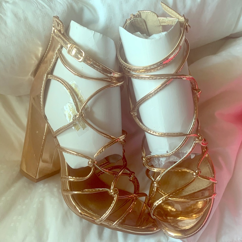 Rose gold strappy sandals with block heel